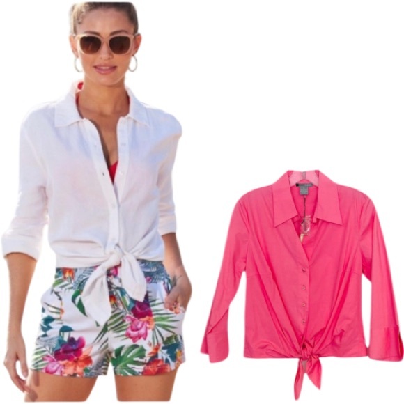 Hot pink tie front crop style button up popping collar blouse - Picture 1 of 7